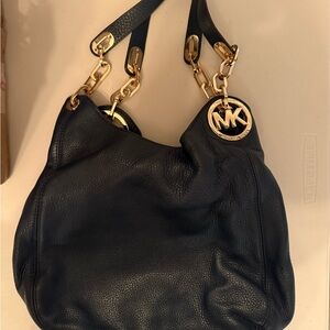 Michael Kors Navy Leather Shoulder Bag with Gold Accents